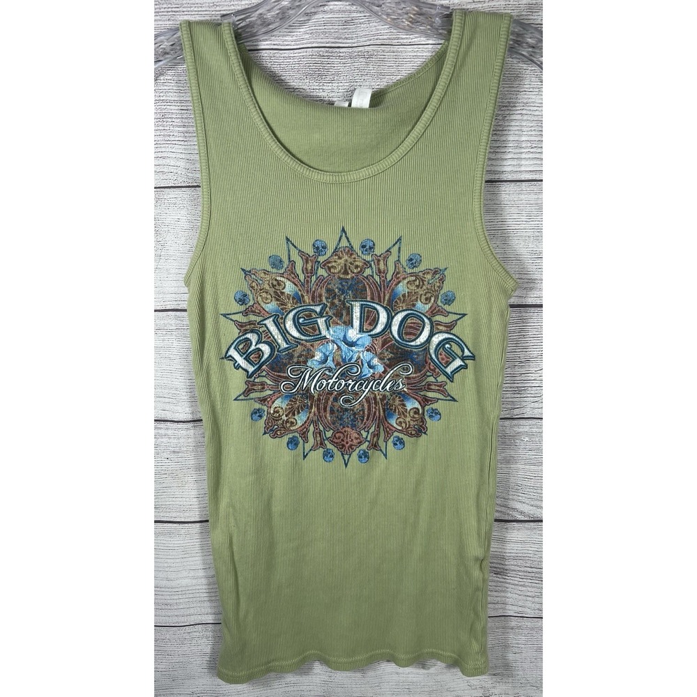 District Threads Big Dog Motorcycles Graphic Tank Top Sage Green XL Womens